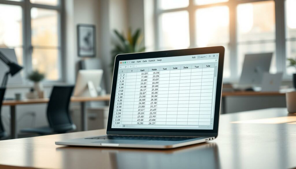 A bright and airy office workspace with a laptop screen prominently displaying an Excel spreadsheet. The spreadsheet is open, with a series of neatly organized columns and rows, showcasing a date-based data sorting process. Soft natural lighting streams in through large windows, casting a warm glow across the scene. The laptop's sleek design and the minimalist desk create a modern, professional atmosphere. In the background, blurred office accessories and equipment suggest a productive, technology-driven environment. The overall impression conveys the efficient and streamlined nature of sorting data in Excel Online compared to the desktop version.