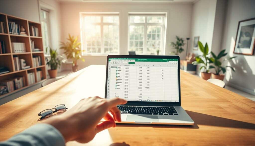 A bright, clean office workspace with a large, wooden desk. On the desk, an open laptop displays a spreadsheet with various columns and rows, indicating data sorting and filtering. In the foreground, a hand hovers over the laptop, poised to manipulate the filter controls. Sunlight streams in through large windows, creating a warm, productive atmosphere. In the background, bookshelves, potted plants, and framed artwork suggest an organized, professional environment. The image conveys the efficiency and organization of data management in Microsoft Excel.