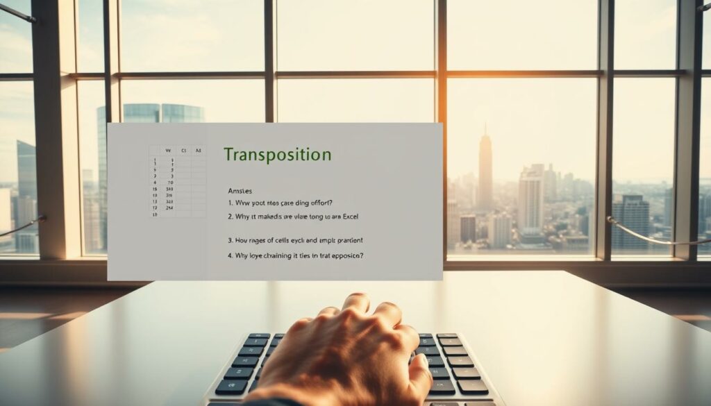 A bright, modern office interior with a large desk displaying an open Excel spreadsheet. In the foreground, a hand hovers over the keyboard, about to transpose a range of cells. The middle ground features an information panel with questions and answers about Excel transposition, rendered in a clean, minimalist style. The background showcases expansive windows overlooking a bustling city skyline, bathed in warm, natural lighting. The overall scene conveys a sense of productivity, clarity, and the empowering nature of mastering Excel's transposition functionality.
