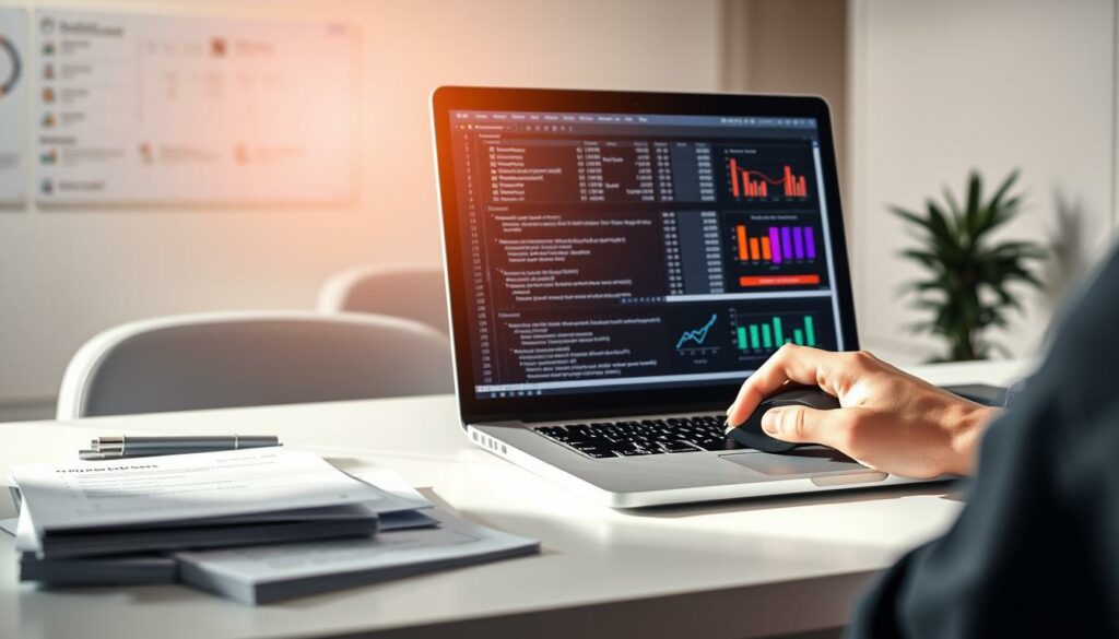 A brightly lit office desk with a laptop displaying complex Excel formulas and charts. In the foreground, a pair of hands using a mouse and keyboard, troubleshooting and debugging the calculations. In the middle ground, reference materials such as Excel help guides and troubleshooting checklists are visible. The background features a clean, minimalist office setting with neutral colors, suggesting a focused, professional atmosphere. Soft shadows and highlights create depth and emphasize the technical nature of the scene. The overall mood is one of concentration and problem-solving.