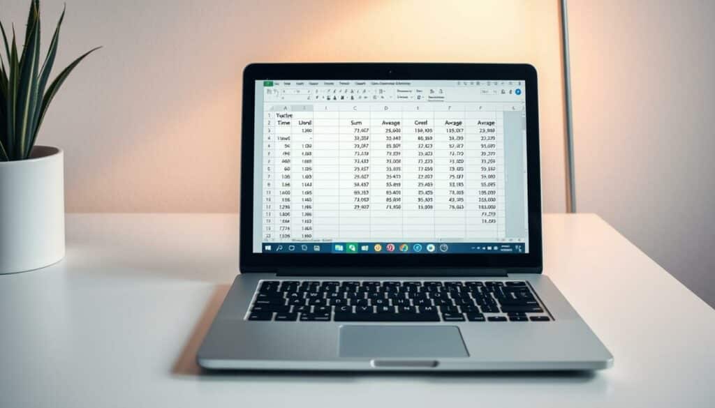 A clean, minimalist office scene with a laptop and spreadsheet software interface prominently displayed. The spreadsheet shows advanced analysis functions for calculating and evaluating work hours, such as SUM, AVERAGE, and other time-related formulas. Soft, warm lighting illuminates the workspace, creating a focused and productive atmosphere. The camera angle is slightly elevated, giving a birds-eye view of the desktop setup. The overall composition is balanced and visually appealing, highlighting the analytical tools and their application in the context of time management.