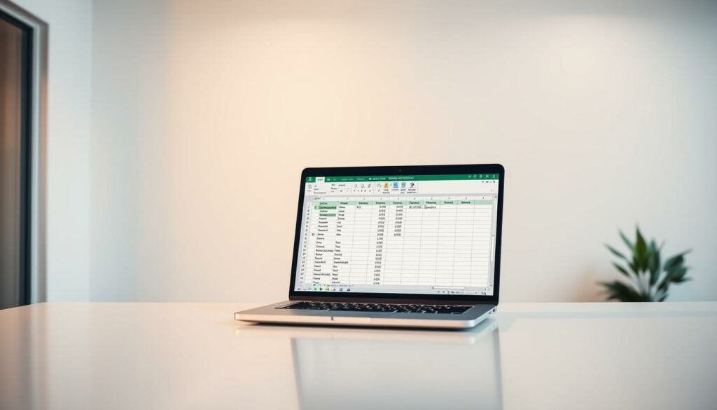A clean, minimalist office setting with a laptop computer prominently displayed on a sleek, modern desk. The screen of the laptop shows an open Microsoft Excel spreadsheet with visible cell formatting and macros, conveying the idea of automated data organization. The lighting is warm and indirect, creating a professional and productive atmosphere. The background is slightly blurred, keeping the focus on the laptop and spreadsheet. The overall scene exudes a sense of efficiency, organization, and the power of technology to streamline mundane tasks.