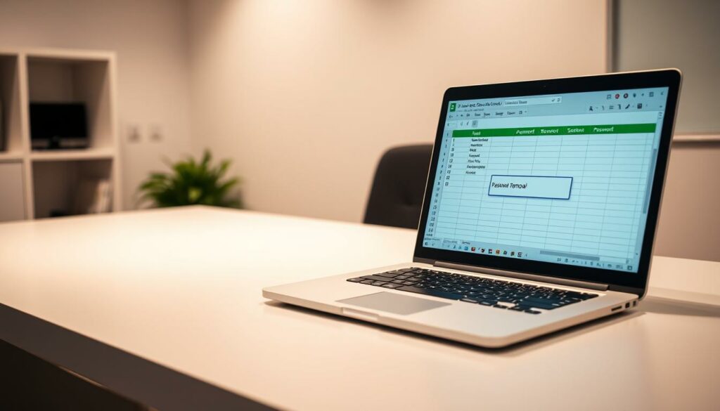 A clean, well-lit office interior with a desk, chair, and an open laptop displaying an Excel spreadsheet. The spreadsheet has a password-protected file open, with a subtle focus on the "Password Removal" menu option. Soft, indirect lighting creates a professional, task-oriented atmosphere. The scene conveys the technical challenges and version-specific complications of removing passwords from Excel documents.