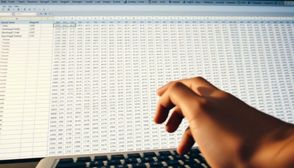 A clean, well-organized spreadsheet interface dominates the frame, showcasing a vast expanse of data cells filling the screen. The lighting is soft and natural, casting a warm glow over the workspace. The camera angle is slightly elevated, providing an overview of the spreadsheet's expansive landscape. In the foreground, a user's hand hovers over the keyboard, ready to navigate the sea of information with precision. The mood is one of focused productivity, inviting the viewer to imagine the efficient management of large datasets through the powerful tools of Excel.