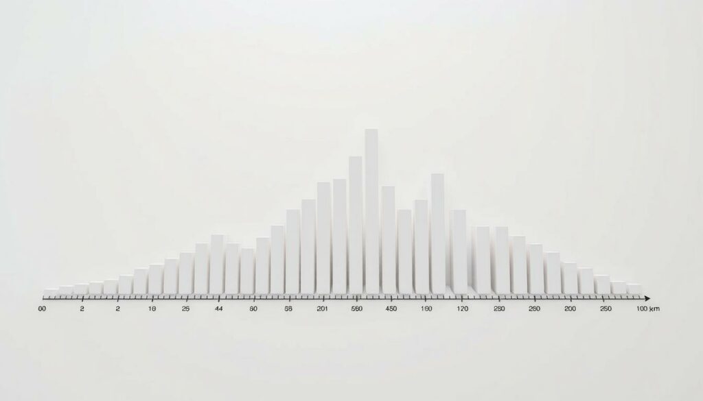 A detailed histogram analysis of a data distribution, rendered in a clean, minimalist style. The histogram takes up the foreground, with a muted, neutral-toned background. The histogram bars are rendered with a soft, rendered finish, conveying a sense of scientific precision. The axis labels and tick marks are clear and legible, providing context for interpreting the displayed data. The lighting is soft and even, creating a calm, thoughtful atmosphere conducive to analytical study. The camera angle is slightly elevated, giving an overview perspective that enables thorough examination of the histogram's key features and patterns.