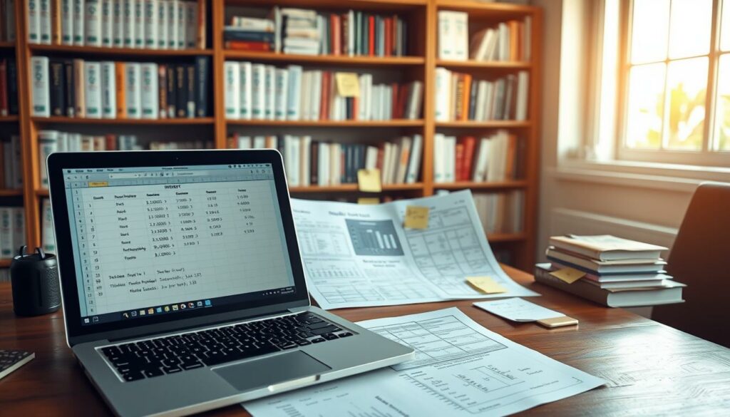 A detailed spreadsheet on a wooden desk, illuminated by soft natural lighting from a large window. In the foreground, a laptop displays various INDIREKT function formulas, while in the middle ground, printed documents and sticky notes showcase real-world business data and calculations. The background features a bookshelf filled with finance and Excel reference books, creating a professional, education-focused atmosphere. The overall scene conveys a sense of analytical problem-solving and practical application of the INDIREKT function in a realistic, corporate setting.