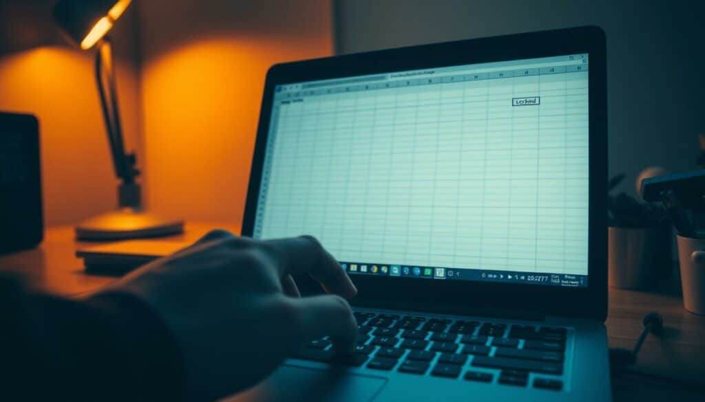 A dimly lit office space, with a laptop screen prominently displayed. On the screen, a spreadsheet is open, the cells protected by a grid of lines representing the sheet's locked state. In the foreground, a hand hovers over the keyboard, ready to execute the steps to remove the sheet protection. The atmosphere is one of focused determination, as the user navigates the intricacies of bypassing the Excel sheet protection without a password. Soft, warm lighting illuminates the scene, casting subtle shadows and highlighting the details of the office setting. The composition emphasizes the laptop screen, drawing the viewer's attention to the core of the task at hand.