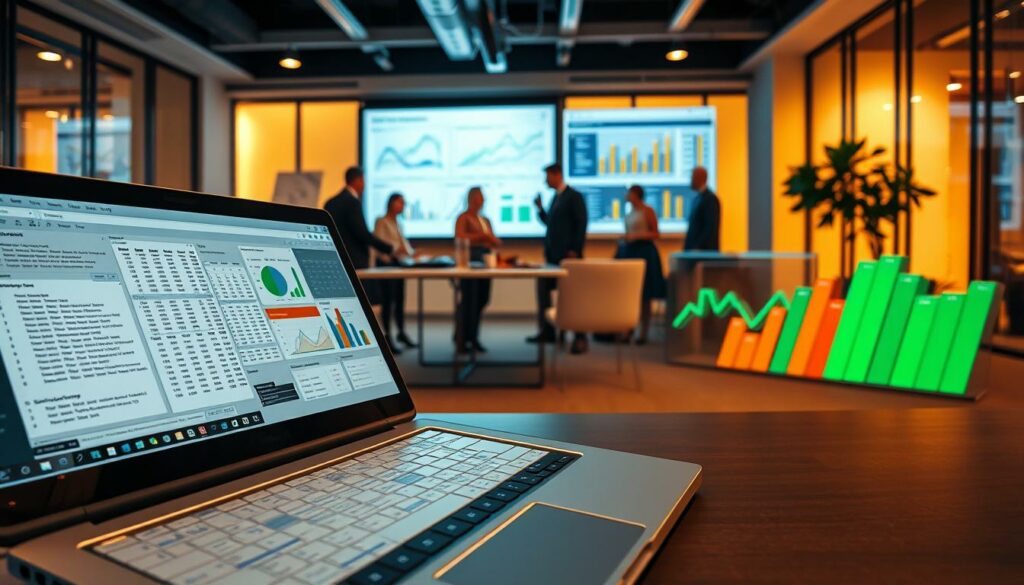 A dynamic, data-driven scene showcasing Excel project development. In the foreground, an open laptop displays complex spreadsheets, formulas, and charts, conveying the technical depth of the projects. The middle ground features a team of business analysts collaborating, deep in discussion over project roadmaps and KPIs projected on a large screen. In the background, a modern, well-lit office space with floor-to-ceiling windows offers a professional, corporate atmosphere. Warm, directional lighting illuminates the scene, creating depth and highlighting the attention to detail in the Excel projects. The overall mood is one of productivity, innovation, and the practical application of Excel development tools in real-world business scenarios.