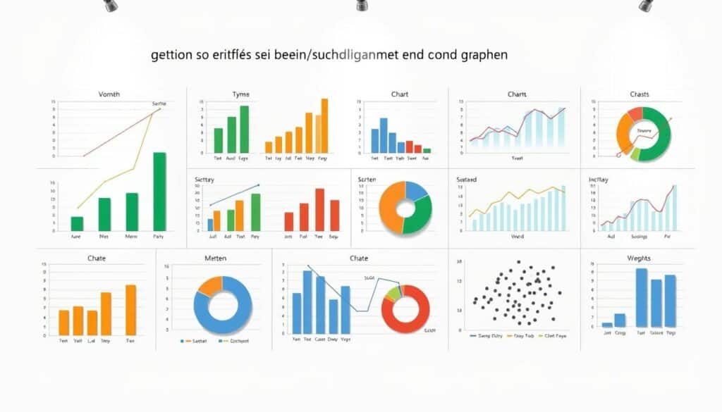 A high-quality, photorealistic diagram on a white background, displaying various Excel chart types such as bar, line, pie, and scatter plots. The diagram showcases the versatility and visual impact of Excel's charting capabilities, with each chart type labeled and arranged in a clean, organized layout. The diagram is illuminated by natural, soft lighting that accentuates the depth and dimensionality of the individual chart elements. The overall mood is professional, informative, and visually striking, effectively illustrating the section title "So erstellen Sie beeindruckende Diagramme und Grafiken in Excel".
