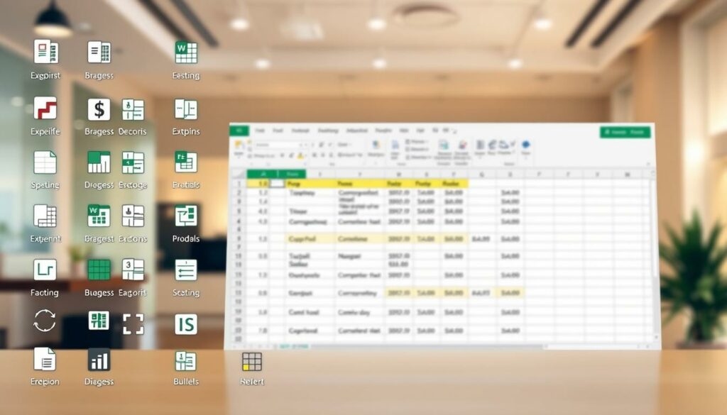 A high-quality, richly detailed image of Excel add-ins and extensions, showcasing a variety of customizable bullet points and numbering options. The foreground features various icons, buttons, and UI elements representing different extension capabilities, arranged in a clean, organized layout. The middle ground includes a large, prominently displayed Excel spreadsheet with creative, unique bullet point styles. The background depicts a soft, blurred office environment, with a warm, inviting color palette and subtle lighting creating a professional, productivity-focused atmosphere. The overall composition conveys the powerful potential of Excel add-ins to enhance and expand the functionality of standard list formatting tools.