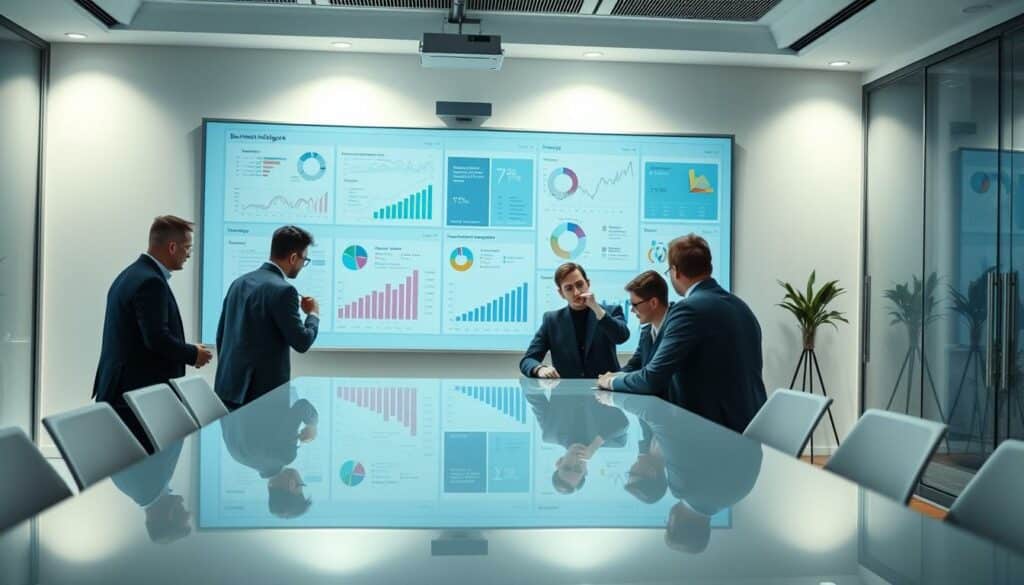 A modern, sleek office interior with a large whiteboard display showcasing various business intelligence visualizations and analytics dashboards. Soft, directional lighting illuminates the scene, creating a professional and focused atmosphere. In the foreground, a team of executives huddle around a glossy conference table, deeply engaged in discussion as they review the insightful data presented on the screen. The background features minimalist decor, with clean lines and subtle tones that complement the overall aesthetic. The goal is to convey the power and efficiency of data-driven decision-making, positioning this as a compelling alternative to traditional spreadsheet-based approaches.