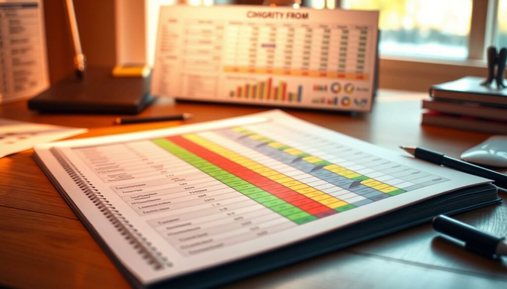A neatly organized spreadsheet on a wooden desk, illuminated by warm, natural lighting. In the foreground, a visually striking Excel template showcases the power of conditional formatting, with vibrant cells dynamically changing color based on data values. The middle ground depicts various Excel tools and options, hinting at the versatility of this feature. The background subtly blurs, keeping the focus on the template's elegant design and compelling visual impact. The overall atmosphere conveys a sense of productivity, efficiency, and the seamless integration of data analysis into the user's workflow.
