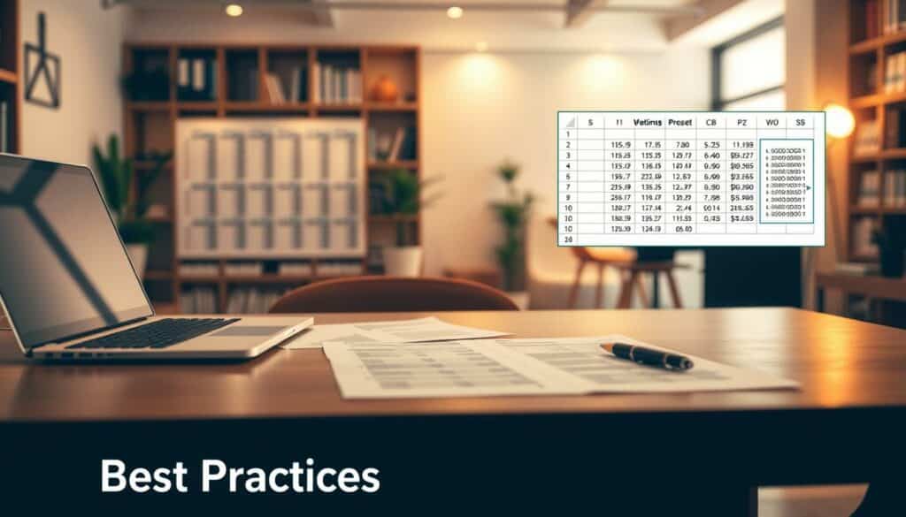 A neatly organized spreadsheet with a warm, professional atmosphere. The foreground features a clean, well-lit table with a laptop, papers, and a pen, representing the "Best Practices" section. The middle ground showcases a detailed diagram illustrating the decimal point replacement process in Excel, utilizing a clear, technical illustration style. The background depicts a serene office environment with bookshelves, plants, and subtle lighting, conveying a sense of expertise and attention to detail. The overall composition should feel informative, visually engaging, and tailored to the article's subject matter.