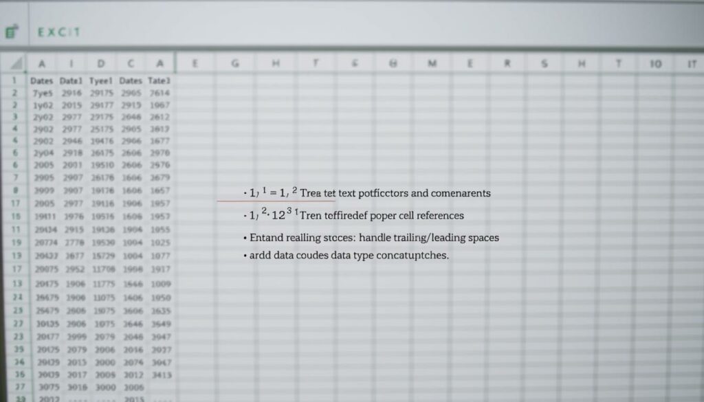 A neatly organized spreadsheet with various columns and rows, showcasing the process of data concatenation. The foreground displays a close-up view of the formula bar, highlighting the syntax for combining text and cell references. The middle ground features a detailed breakdown of the steps involved in troubleshooting common errors, such as ensuring proper cell references, handling trailing/leading spaces, and addressing data type mismatches. The background provides a soft, blurred perspective of the overall spreadsheet, creating a sense of focus on the key elements. The lighting is natural and evenly distributed, creating a clean and professional atmosphere. The camera angle is slightly elevated, providing a bird's-eye view of the workflow, emphasizing the structured and methodical nature of the task.