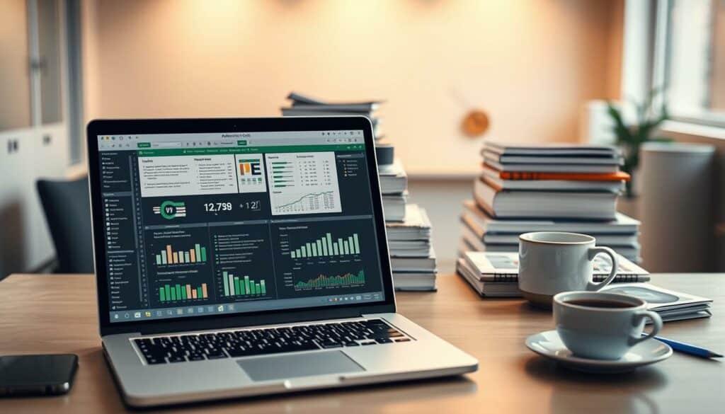 A neatly organized workspace, with a sleek and modern aesthetic. In the foreground, a laptop displays an array of advanced Excel tools - pivot tables, data visualizations, and complex formulas. The middle ground features stacks of reference books and a cup of coffee, creating a sense of a dedicated, knowledgeable Excel user. The background showcases a minimalist office setting, with clean lines and neutral tones, allowing the tools and resources to take center stage. The lighting is warm and focused, highlighting the attention to detail and the user's commitment to mastering Excel's advanced capabilities. An atmosphere of productivity, efficiency, and expertise permeates the scene.