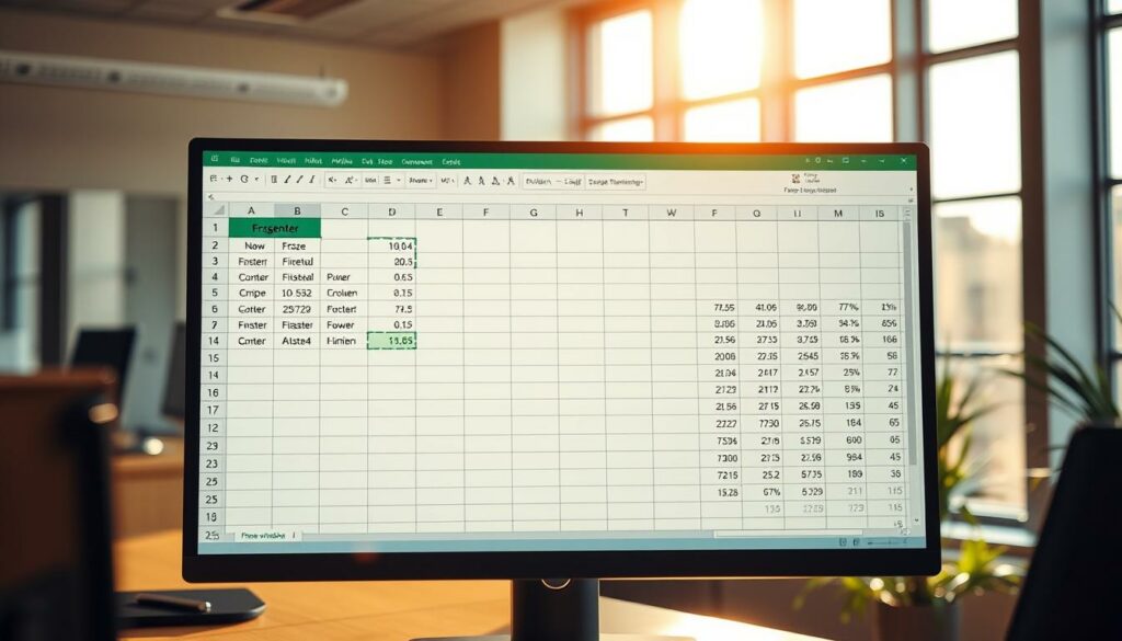 A professional office setting with a large computer monitor displaying an open Microsoft Excel spreadsheet. The spreadsheet has two distinct sections: one with the "Fenster fixieren" (freeze window) command activated, showcasing frozen column and row headers; and another section with the "Bereich fixieren" (freeze pane) command, highlighting a locked view of the selected data cells. The scene is bathed in warm, natural lighting from a large window, creating a sense of productivity and efficiency. The background is slightly blurred, putting the focus on the detailed Excel interface. The overall mood is one of organized, streamlined data management.