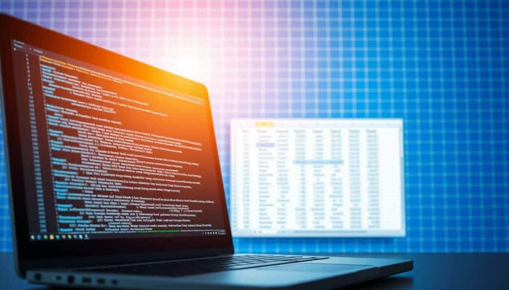 A professional spreadsheet system, with a vibrant blue grid backdrop. In the foreground, a laptop displays a VBA code editor, the screen casting a warm glow. Intricate lines of code cascade down, hinting at the power of automation. In the middle ground, an Excel window opens, showcasing rows of data seamlessly expanding, a testament to the script's efficiency. The scene is bathed in a soft, natural lighting, creating a sense of productivity and technological mastery. The overall atmosphere exudes a harmonious blend of digital prowess and practical application, perfectly suited to illustrate the "Automatisierung: Zeilen mit VBA einblenden" section.