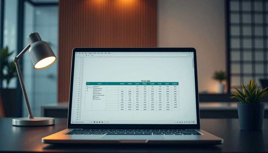 A sleek and modern office workspace, with a laptop screen displaying a pivot table interface. The pivot table is the focal point, surrounded by a minimalist keyboard, a stylish desk lamp, and a potted plant. The lighting is warm and directional, creating depth and highlighting the pivot table's intricate details. The background is a blurred, elegant office interior, with a wooden accent wall and a subtle grid pattern, suggesting the technical nature of the content. The overall mood is one of productivity, efficiency, and the power of Excel's advanced features.