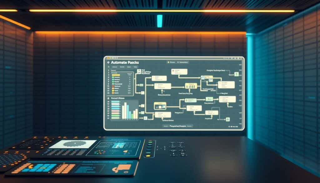 A sleek, futuristic spreadsheet interface with a digital representation of an Excel macro automating a complex process. The foreground features a glowing, interactive dashboard with intuitive controls and visualizations, showcasing the power of automated Excel functionality. The middle ground depicts a holographic projection of the workflow, with dynamic data flows and animated transitions. The background has a minimalist, tech-inspired aesthetic, with subtle grid patterns and abstract 3D elements, creating a sense of sophisticated digital elegance. Warm, directional lighting highlights the key elements, while a cool, blue-tinted undertone sets an atmosphere of precision and efficiency. The overall scene conveys the seamless integration of human and machine, where the Excel macro is the centerpiece of a highly streamlined, automated process.