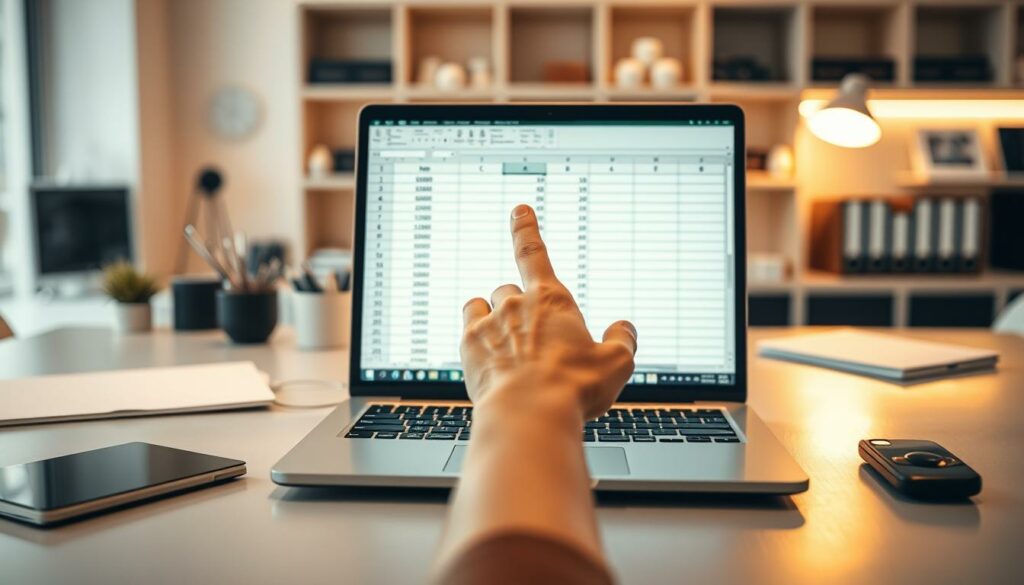 A sleek, modern office setting with a prominent desk, featuring an open laptop displaying an Excel spreadsheet. In the foreground, a hand is pointing to a specific column, highlighting the intuitive sorting feature. The middle ground showcases various office accessories, creating a professional and organized ambiance. The background is softly blurred, with hints of shelves or cabinets, suggesting a well-equipped workspace. Warm, indirect lighting casts a subtle glow, accentuating the clean, minimalist design. The overall composition conveys the user-friendly nature of Excel's sorting capabilities, inviting the viewer to explore this functionality further.