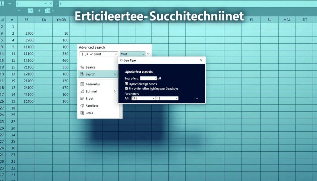 A sleek, modern spreadsheet interface with a focus on advanced search techniques. In the foreground, a user navigates a grid of cells, effortlessly applying filters, dynamic sorting, and lightning-fast lookups. The middle ground features a floating dialog box, displaying detailed search options and parameters. The background subtly fades into a minimalist, monochromatic palette, drawing the viewer's attention to the core functionality. Crisp, high-resolution graphics, with a cool, professional tone evoke the precision and efficiency of the "Erweiterte Suchtechniken Excel" techniques. Dramatic, directional lighting and a slightly elevated camera angle convey a sense of mastery and control over the powerful search capabilities.