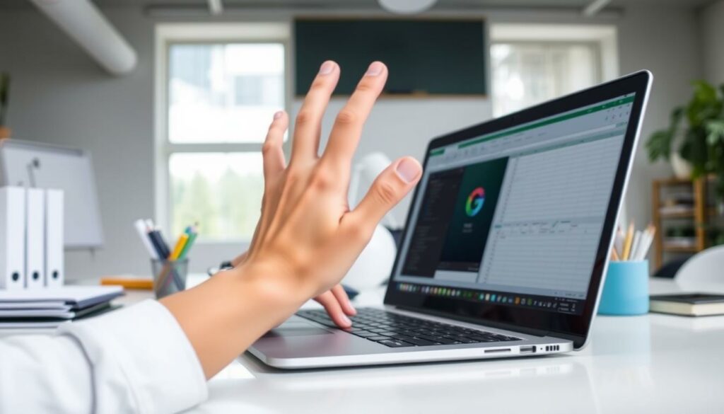 A spacious office desk with a laptop, spreadsheet software open, and various office supplies. The desk is well-lit, with natural light streaming in from a large window in the background. In the foreground, a hand hovers over the laptop keyboard, gesturing towards the screen, as if troubleshooting or problem-solving. The overall atmosphere is one of focus and concentration, with a sense of diligence and attention to detail. The image conveys the idea of tackling and resolving Excel-related issues, in line with the article's "Tipps zur Fehlerbehebung in Excel" section.