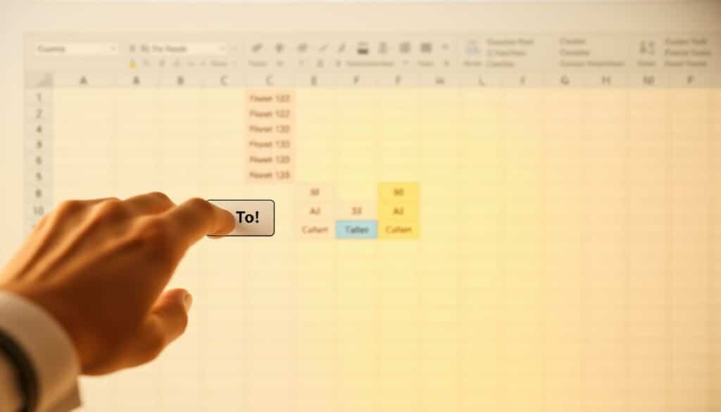 A spreadsheet interface with a focus on the "Go To" function in Microsoft Excel. The foreground depicts a user's hand hovering over the "Go To" button, ready to navigate to hidden rows. The middle ground features a stylized grid of cells, some of which are highlighted, indicating the selection of hidden content. The background has a soft, blurred effect, emphasizing the clarity and precision of the "Go To" action. Warm, neutral lighting casts a gentle glow, creating a productive and intuitive atmosphere. The composition is framed in a clean, minimalist design, showcasing the simplicity and efficiency of this Excel feature.