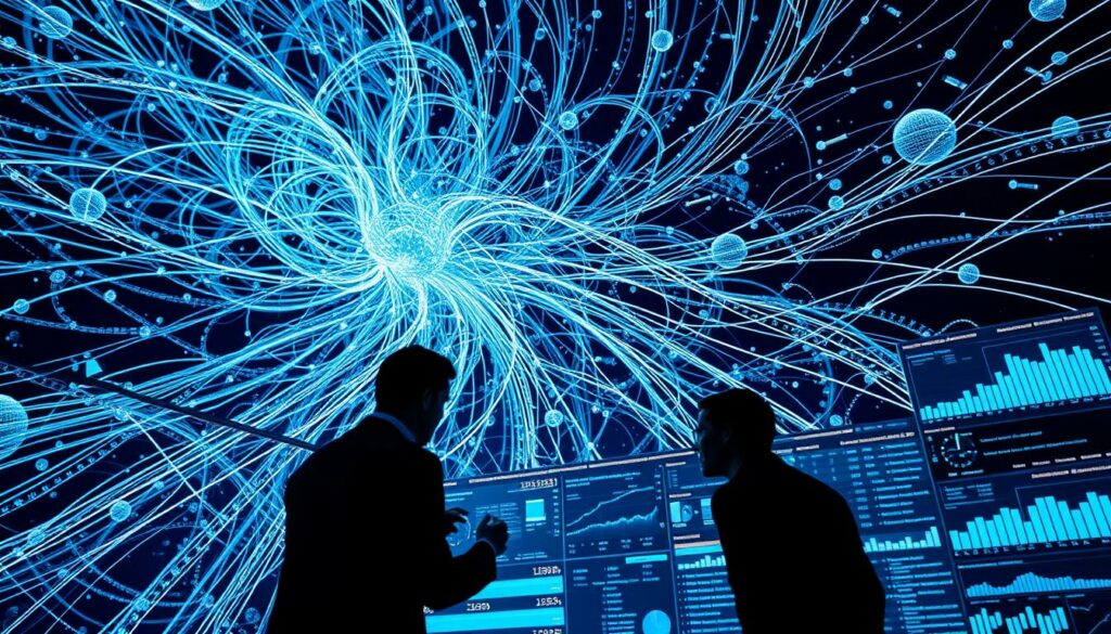 A vast, intricate network of data streams swirls against a backdrop of sleek, ultramodern technology. In the foreground, a team of analysts examines an array of interactive visualizations, their hands moving with precision as they uncover insights from the sea of information. The lighting is cool and clinical, casting a glow that accentuates the complexity of the data landscape. The composition is balanced, with the human elements anchoring the scene and the technological elements creating a sense of depth and scale. The mood is one of focused problem-solving, with the analysts striving to find innovative solutions for managing and making sense of large, unwieldy datasets.