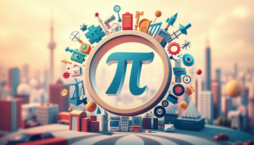 A vibrant and visually captivating illustration showcasing the diverse applications of Pi in various industries. Set in a dynamic, three-dimensional environment, the foreground depicts a central circular structure representing the mathematical constant, surrounded by a collage of industry-specific symbolism. The middle ground features a selection of pictographic icons, each uniquely representing a different sector, such as finance, engineering, architecture, and science. The background maintains a sense of depth, with a soft, blurred cityscape or natural landscape, underscoring the widespread integration of Pi across diverse fields. Lighting is warm and diffused, creating a sense of depth and emphasizing the interconnected nature of these applications. The overall composition conveys a harmonious balance between the universal nature of Pi and its practical relevance in the real world.