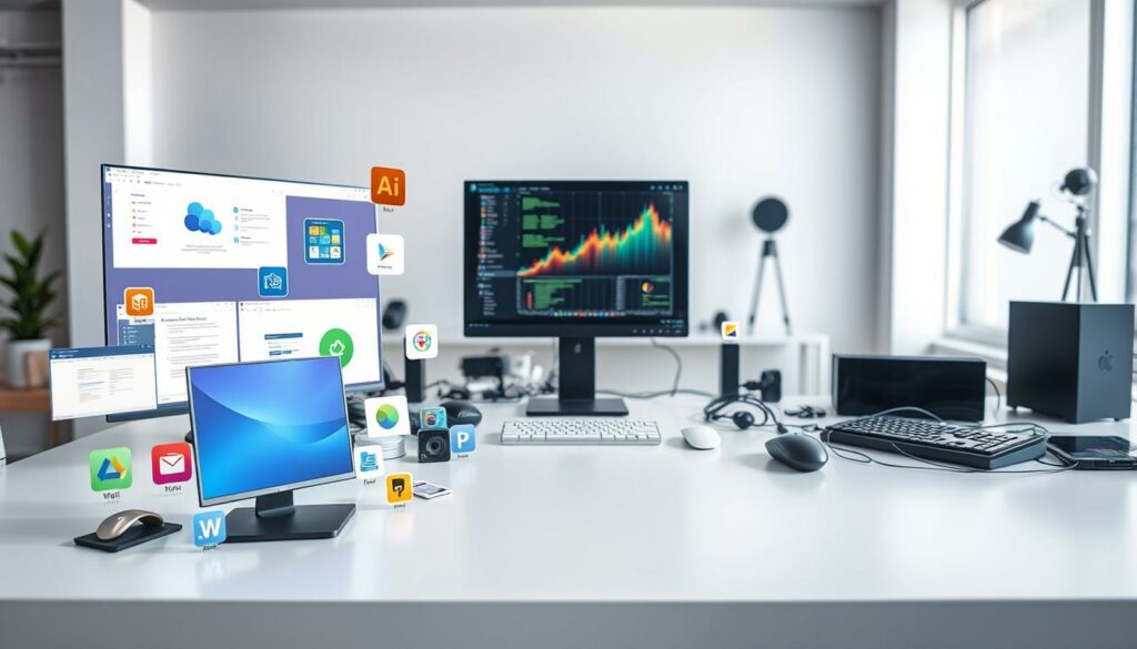 A vibrant array of software tools arranged on a sleek, modern desk. In the foreground, various application icons and program windows hover above the surface, casting gentle shadows. The middle ground features an assortment of input devices, cables, and peripherals, neatly organized. The background showcases a minimalist, well-lit office space with clean lines and neutral tones, creating a professional and productive atmosphere. The overall composition conveys the seamless integration of third-party software tools into a efficient, technology-driven workflow.
