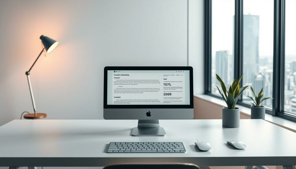 A well-crafted image of "Excel Mac Immersive Lesefunktion" set in a modern, minimalist office environment. The foreground depicts a sleek MacBook Pro display showcasing the Excel app's immersive reading mode, with clean typography, crisp charts, and intuitive navigation controls. The middle ground features a minimalist desk setup, including a mouse, keyboard, and a tasteful desk lamp providing warm, directional lighting. The background depicts a large window overlooking a serene urban landscape, bathed in soft, natural daylight, creating a calming and productive atmosphere. The overall composition emphasizes the elegance, functionality, and seamless integration of the Excel reading experience on the Mac platform.