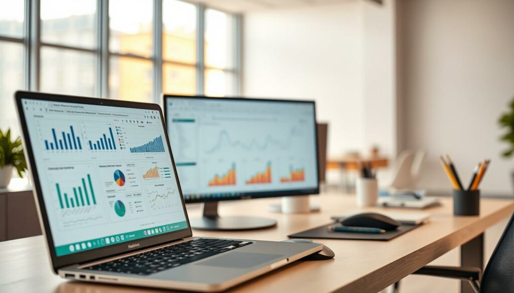 A well-lit, high-resolution image of a modern office workspace, focused on a laptop screen displaying a variety of Excel analysis tools and visualizations. The foreground showcases detailed charts, graphs, and data dashboards, demonstrating the power of Excel's analytical capabilities. The middle ground features a minimalist desk setup with a mouse, keyboard, and a neatly organized array of office supplies, conveying a sense of productivity and organization. The background subtly blurs into a clean, minimalist office environment with warm, natural lighting filtering through large windows, creating a calming and professional atmosphere. The overall mood is one of efficiency, clarity, and the effective utilization of data analysis tools within the Excel software.