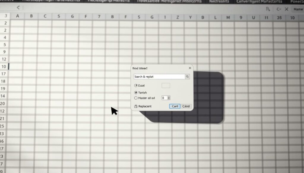 A well-lit, meticulously detailed spreadsheet interface showcasing a search and replace workflow in Microsoft Excel. In the foreground, a cursor hovers over a cell, highlighting text to be replaced. The middle ground features a search and replace dialog box, its parameters carefully configured. In the background, a grid of cells undulates gently, conveying the organized structure of the spreadsheet. Soft, directional lighting casts subtle shadows, emphasizing the depth and solidity of the scene. The overall mood is one of precision, functionality, and the seamless integration of Excel's powerful tools into the user's workflow.