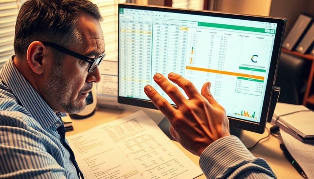 Detailed spreadsheet with complex formulas and data visualizations on a desk, illuminated by warm lighting. In the foreground, a frustrated user examines the screen, brow furrowed, hand gesturing towards a troublesome calculation. The middle ground shows various Excel tools and functions, suggesting troubleshooting steps. The background depicts a tidy office setting, hinting at the professional context. The overall scene conveys the challenges of resolving percentage computation issues within the familiar Excel environment.