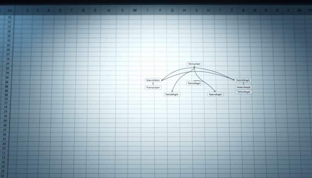 Diagramme mit Hyperlinks: A detailed, technical data visualization depicting a well-structured Excel worksheet with complex hyperlink connections. In the foreground, a clean and minimalist spreadsheet grid layout showcases a series of interactive hyperlinks, indicated by subtle underlines and hover effects. The middle ground features an elegant, vector-based diagram highlighting the various hyperlink pathways, using smooth curves and directional indicators to convey the information architecture. The background subtly blends a soft grid pattern and muted gradient tones, creating a professional, information-rich atmosphere. Lit by cool, directional lighting that casts depth-enhancing shadows, the overall scene strikes a balance between analytical precision and visual appeal.